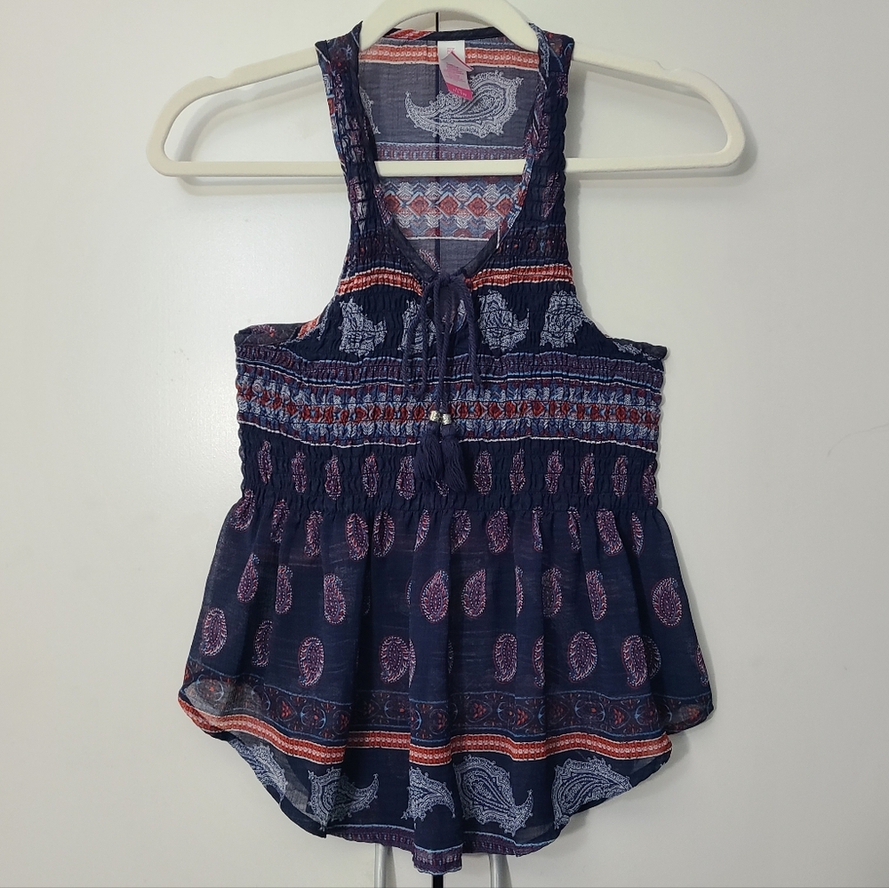 No Boundaries Navy and Red Paisley Tank Top